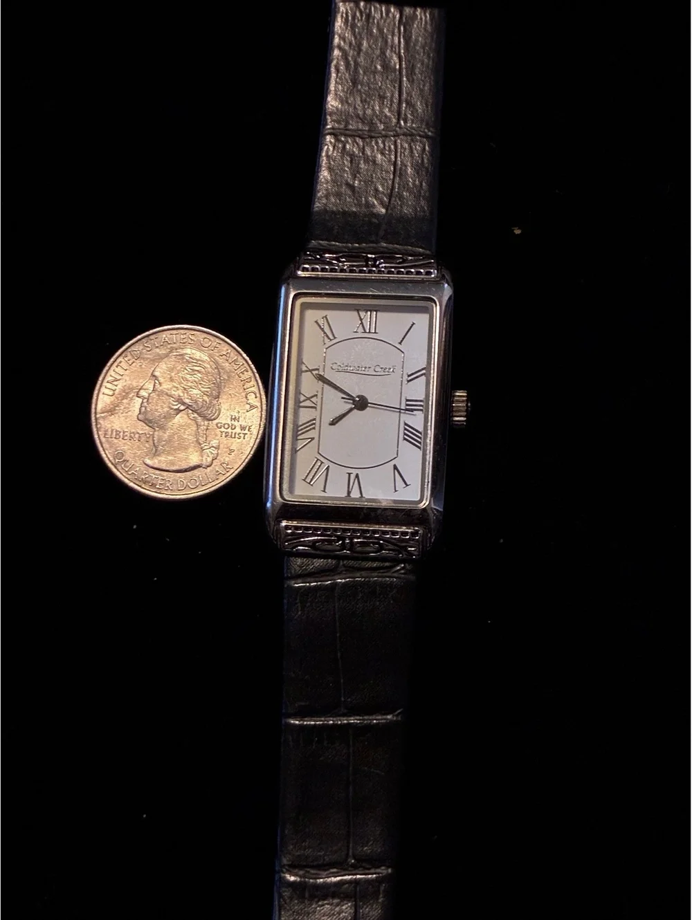 Coldwater Creek Women's Tank Watch Silver Tone Rectangular Roman Numeral Black